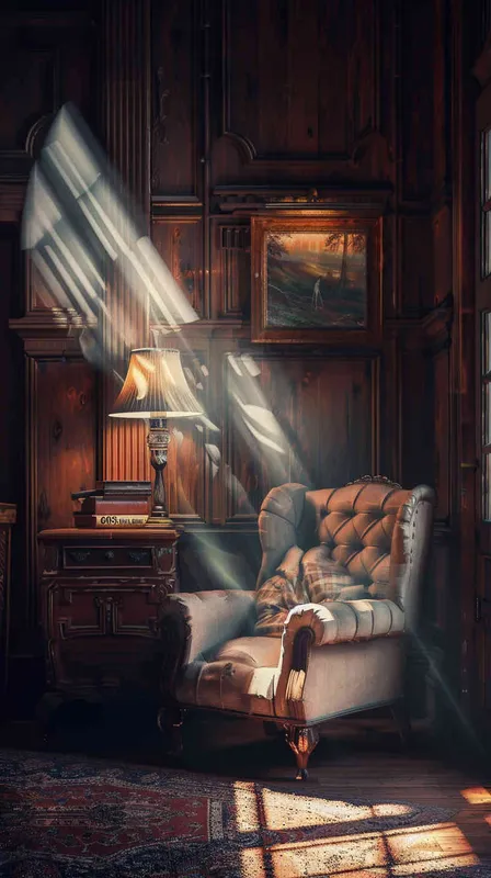 During the day, natural light is bright.The room is decorated in American style, with an elegant sofa and vintage desk lamp. High resolution, professional photograph, HDR, high detail, shot by Sony A7S III camera using Kodak Portra film, no other objects around it, 