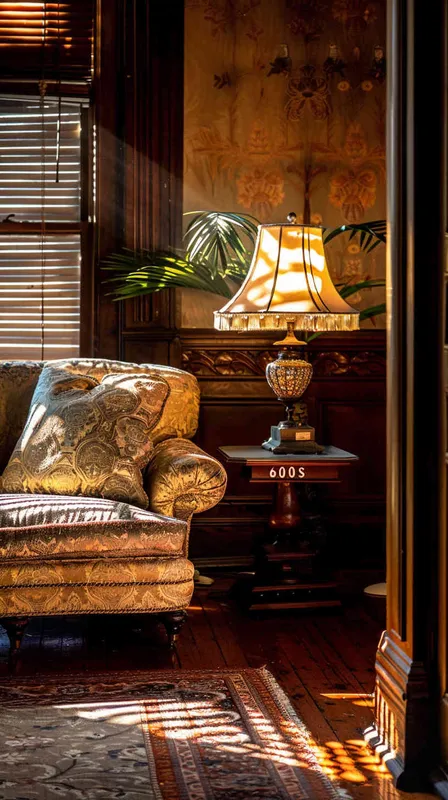 During the day, natural light is bright.The room is decorated in American style, with an elegant sofa and vintage desk lamp. High resolution, professional photograph, HDR, high detail, shot by Sony A7S III camera using Kodak Portra film, no other objects around it, 