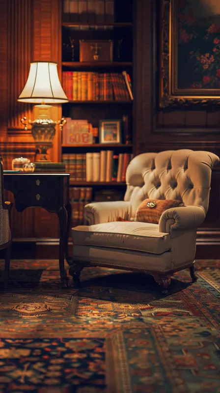During the day, natural light is bright.The room is decorated in American style, with an elegant sofa and vintage desk lamp. High resolution, professional photograph, HDR, high detail, shot by Sony A7S III camera using Kodak Portra film, no other objects around it, 