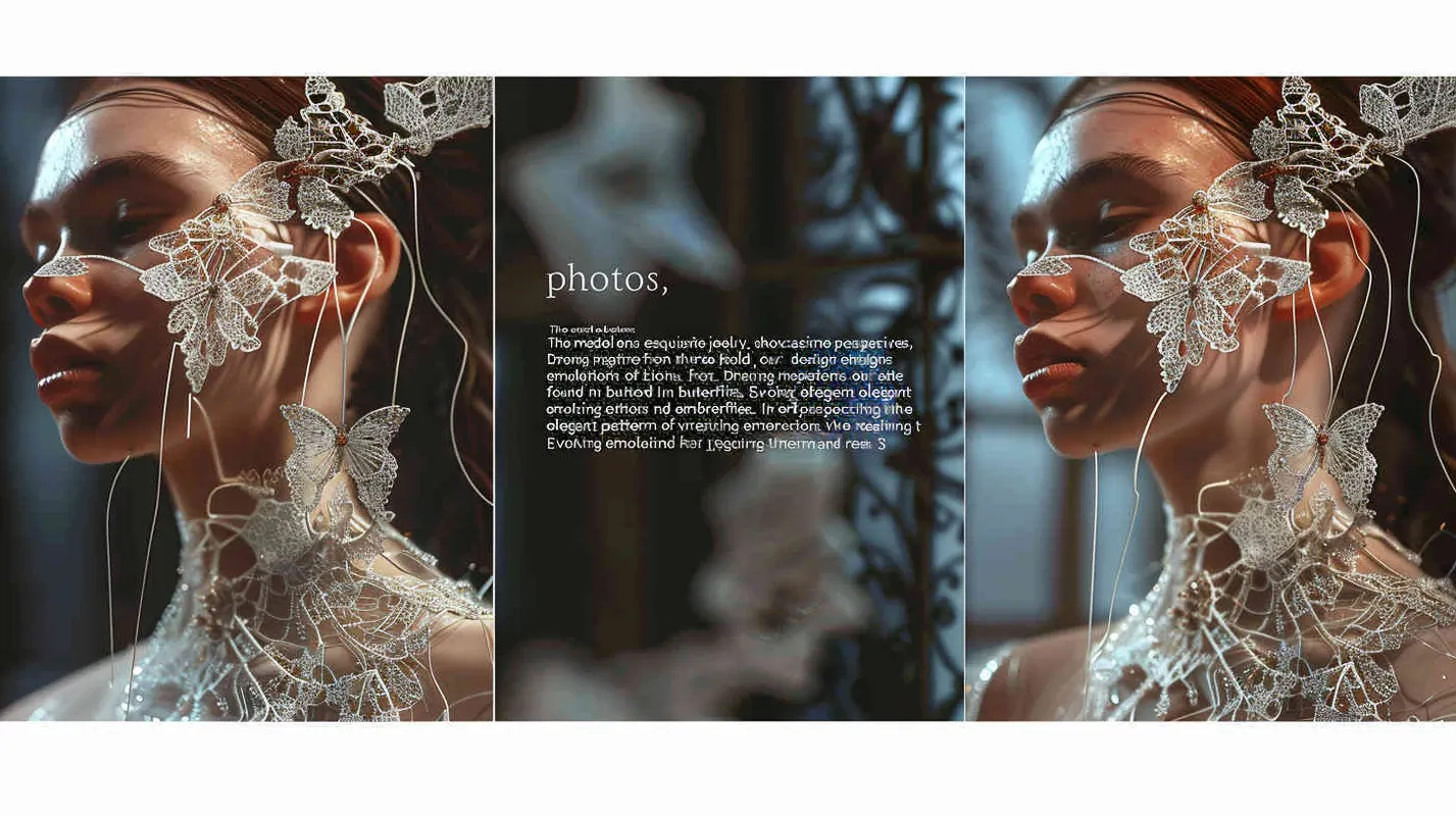 photos,The model carries jewellery, three views, front view, side view, back view，Inspired by bionic design,Bionic design inspiration from butterflies,Emotional,virtual fashion ,Performance venue,Scenery close by,3D  - style1部分