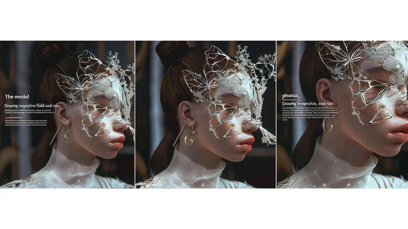 photos,The model carries jewellery, three views, front view, side view, back view，Inspired by bionic design,Bionic design inspiration from butterflies,Emotional,virtual fashion ,Performance venue,Scenery close by,3D  - style2部分