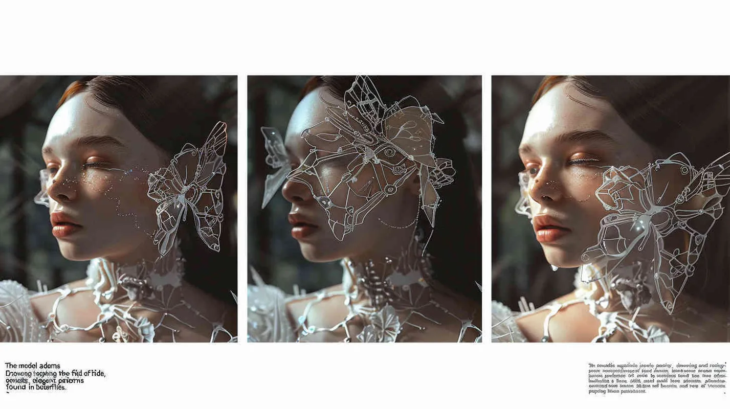 photos,The model carries jewellery, three views, front view, side view, back view，Inspired by bionic design,Bionic design inspiration from butterflies,Emotional,virtual fashion ,Performance venue,Scenery close by,3D  - style3部分
