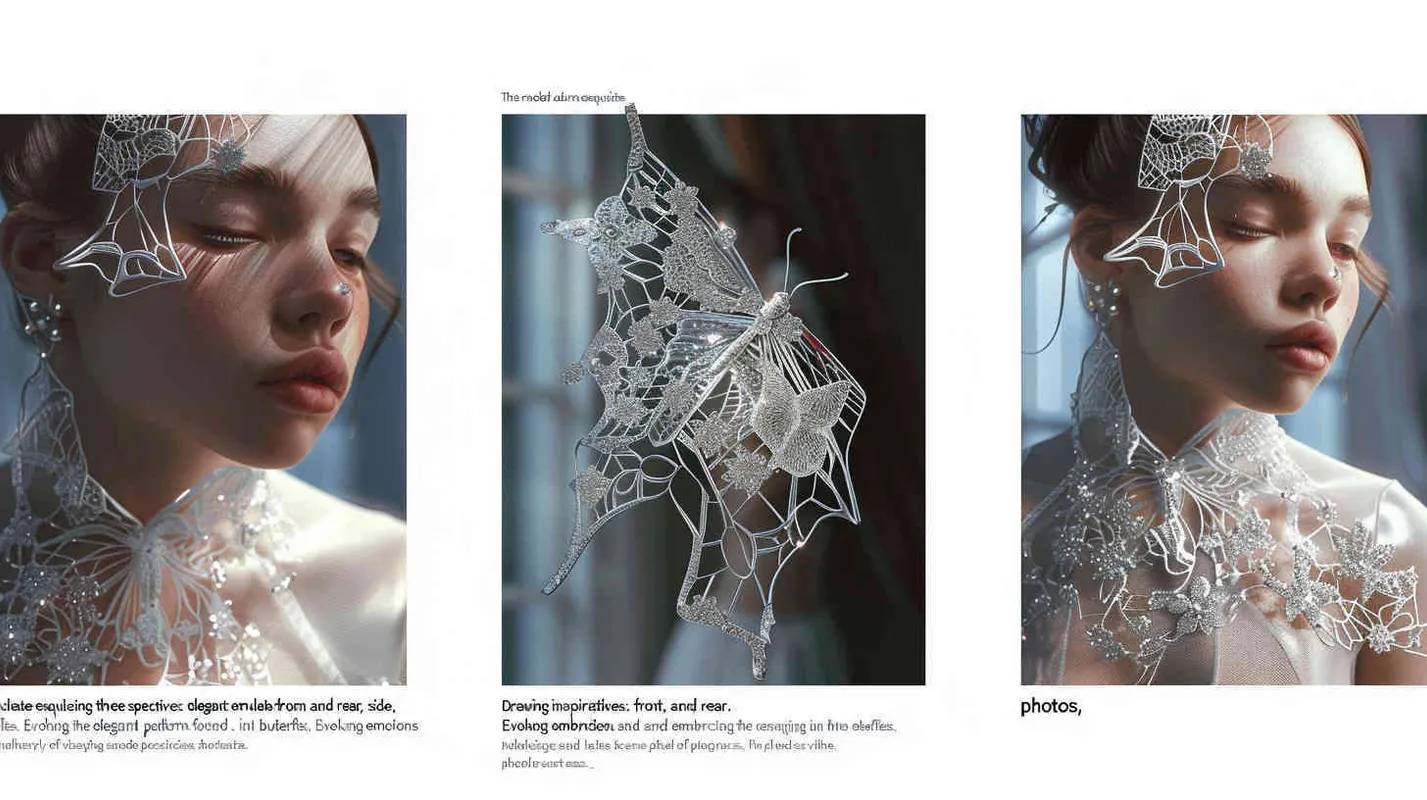photos,The model carries jewellery, three views, front view, side view, back view，Inspired by bionic design,Bionic design inspiration from butterflies,Emotional,virtual fashion ,Performance venue,Scenery close by,3D  - style4部分