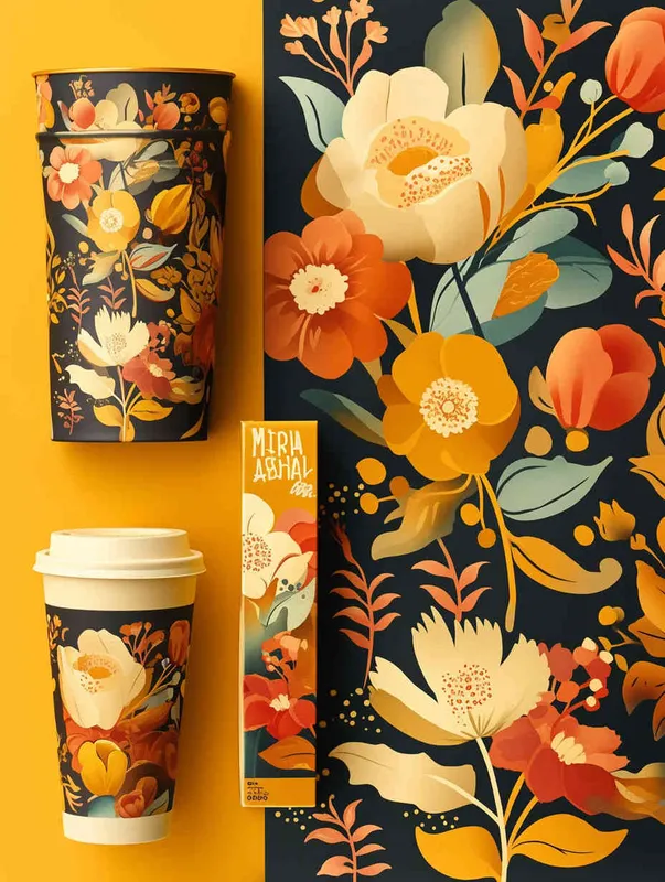 俄罗斯格瓦斯品牌包装设计，3️⃣ A beautiful Russian pattern with flowers in yellow and red on a black background, in the style of Russian style. 包括杯子，手提袋，贴纸 - style1部分