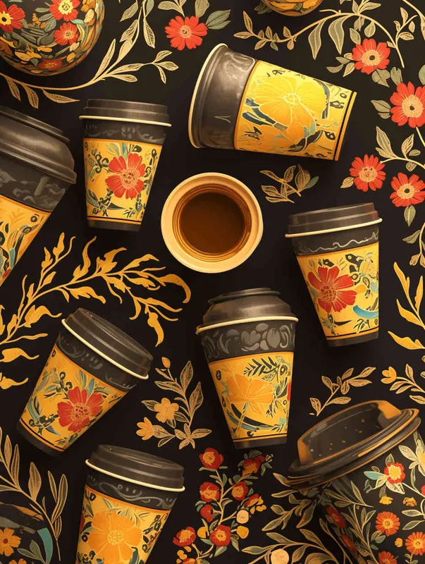 俄罗斯格瓦斯品牌包装设计，3️⃣ A beautiful Russian pattern with flowers in yellow and red on a black background, in the style of Russian style. 包括杯子，手提袋，贴纸 - style2部分