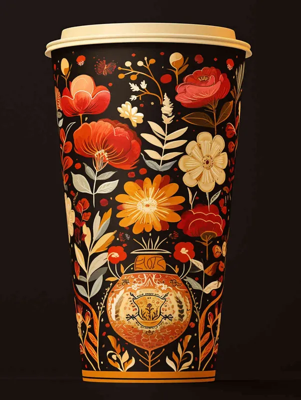 俄罗斯格瓦斯品牌包装设计，3️⃣ A beautiful Russian pattern with flowers in yellow and red on a black background, in the style of Russian style. 包括杯子，手提袋，贴纸 - style3部分