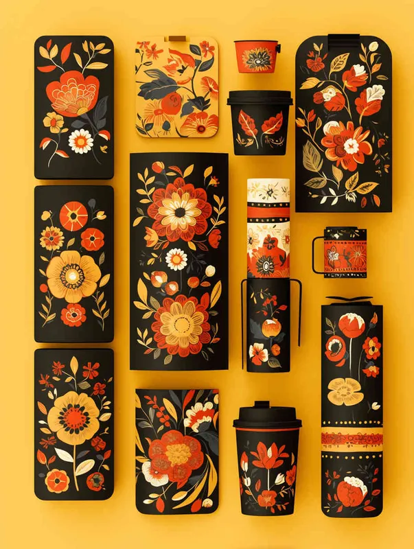 俄罗斯格瓦斯品牌包装设计，3️⃣ A beautiful Russian pattern with flowers in yellow and red on a black background, in the style of Russian style. 包括杯子，手提袋，贴纸 - style4部分