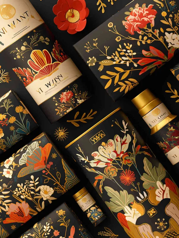 俄罗斯格瓦斯品牌包装设计， A beautiful Russian pattern with flowers in yellow and red on a black background, in the style of Russian style. 包括杯子，手提袋，贴纸。杯子上的LOGO名字为