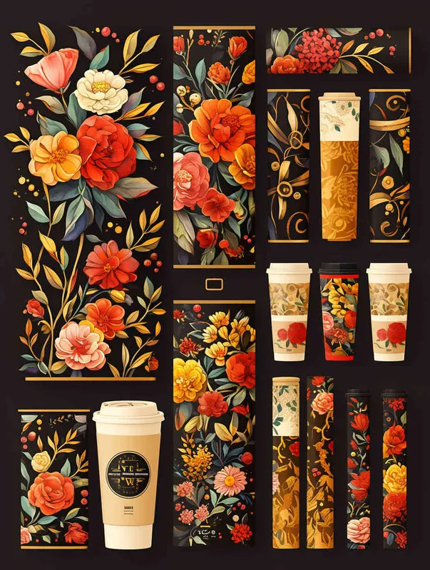 俄罗斯格瓦斯品牌包装设计， A beautiful Russian pattern with flowers in yellow and red on a black background, in the style of Russian style. 包括杯子，手提袋，贴纸。杯子上的LOGO名字为