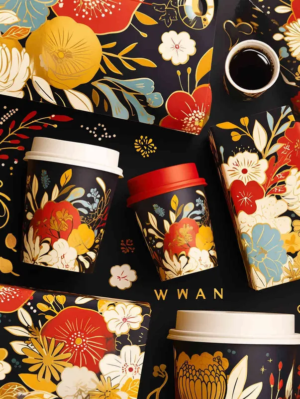 俄罗斯格瓦斯品牌包装设计， A beautiful Russian pattern with flowers in yellow and red on a black background, in the style of Russian style. 包括杯子，手提袋，贴纸。杯子上的LOGO名字为