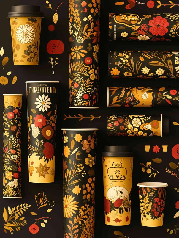 俄罗斯格瓦斯品牌包装设计， A beautiful Russian pattern with flowers in yellow and red on a black background, in the style of Russian style. 包括杯子，手提袋，贴纸。杯子上的LOGO名字为