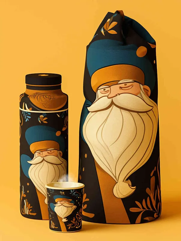 俄罗斯格瓦斯品牌包装设计，品牌名叫YIWAN ,设计杯子，手提袋，杯子上有俄罗斯老爷爷在酿酒 - style1部分