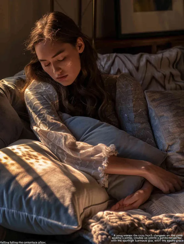 A young woman is sitting on the sofa wearing home clothes, holding a pillow in her arms, while the other pillows are placed next to the woman. The room has bright and soft lighting, with visual focus on the pillow. This photo was taken with a Canon EOS R5 camera, with an 80mm f/2 lens and a shutter speed of 360 seconds It resolution is 4K – ar 3:4 – AI绘画作品展示 | Midjourney中文版生成
