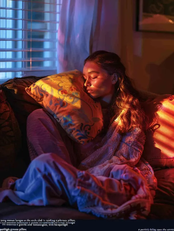 A young woman is sitting on the sofa wearing home clothes, holding a pillow in her arms, while the other pillows are placed next to the woman. The room has bright and soft lighting, with visual focus on the pillow. This photo was taken with a Canon EOS R5 camera, with an 80mm f/2 lens and a shutter speed of 360 seconds It resolution is 4K - ar 3:4 - style2部分
