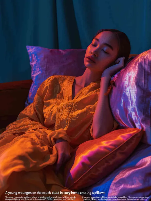 A young woman is sitting on the sofa wearing home clothes, holding a pillow in her arms, while the other pillows are placed next to the woman. The room has bright and soft lighting, with visual focus on the pillow. This photo was taken with a Canon EOS R5 camera, with an 80mm f/2 lens and a shutter speed of 360 seconds It resolution is 4K - ar 3:4 - style3部分