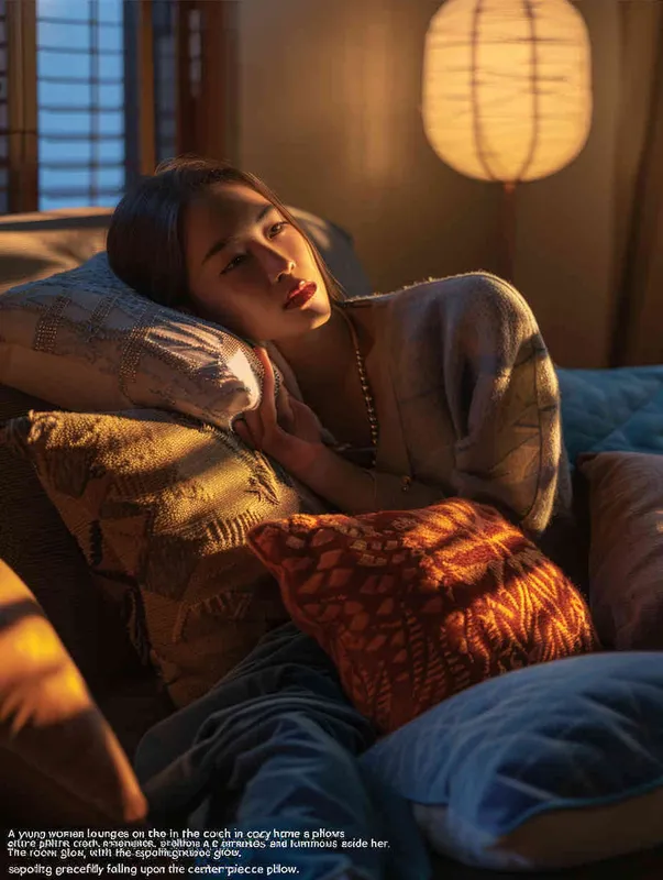A young woman is sitting on the sofa wearing home clothes, holding a pillow in her arms, while the other pillows are placed next to the woman. The room has bright and soft lighting, with visual focus on the pillow. This photo was taken with a Canon EOS R5 camera, with an 80mm f/2 lens and a shutter speed of 360 seconds It resolution is 4K - ar 3:4 - style4部分