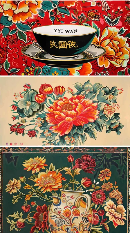 俄罗斯格瓦斯品牌包装设计，设计杯子，手提袋，贴纸，杯子上写了YI WAN1️⃣ 3 designs of beautiful traditional russian pattern on red, green and yellow color with white background. The patterns feature intricate floral motifs in gold and black colors, set against the backdrop of Russian folk art style. Each design is presented as vector graphics for easy breathing room printing., Isolated on pastel background --ar 64:43 - style4部分