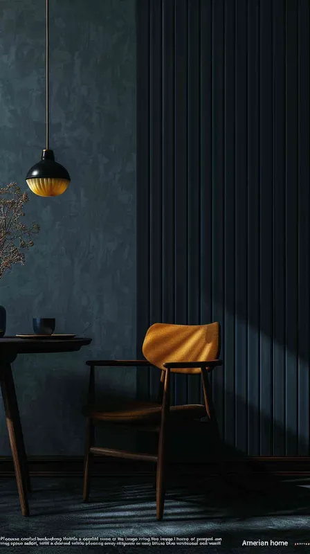 Please create a perspective correct spatial background for the image I have drawn, with an American home style background. A minimalist living room with a chair and table, featuring navy blue vertical striped wall panels on the right side of the picture This photo was taken with a Canon EOS R5 camera, with an 80mm f/2 lens and a shutter speed of 360 seconds It resolution is 4K - ar 3:4 - style2部分