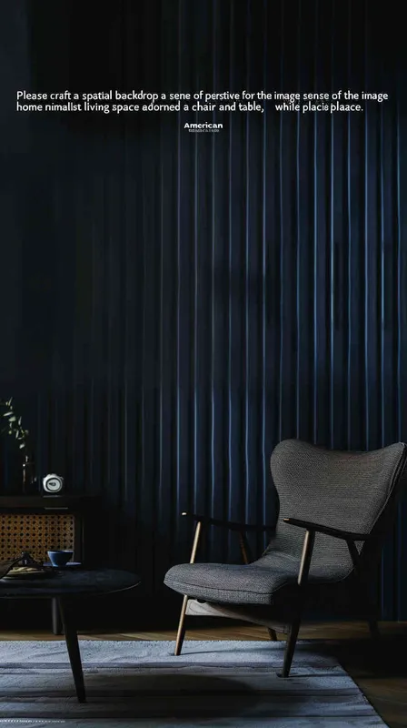 Please create a perspective correct spatial background for the image I have drawn, with an American home style background. A minimalist living room with a chair and table, featuring navy blue vertical striped wall panels on the right side of the picture This photo was taken with a Canon EOS R5 camera, with an 80mm f/2 lens and a shutter speed of 360 seconds It resolution is 4K - ar 3:4 - style3部分