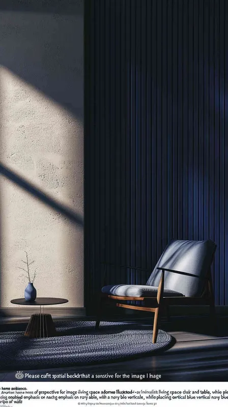 Please create a perspective correct spatial background for the image I have drawn, with an American home style background. A minimalist living room with a chair and table, featuring navy blue vertical striped wall panels on the right side of the picture This photo was taken with a Canon EOS R5 camera, with an 80mm f/2 lens and a shutter speed of 360 seconds It resolution is 4K - ar 3:4 - style4部分
