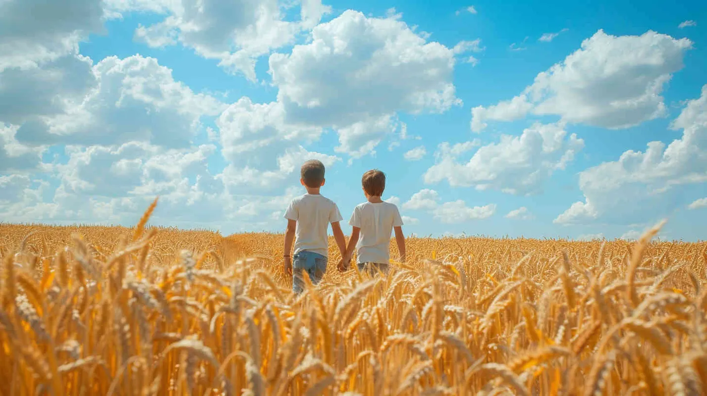 In a patch of golden wheat, two little boys walked hand in hand with smiles on their faces. - style1部分