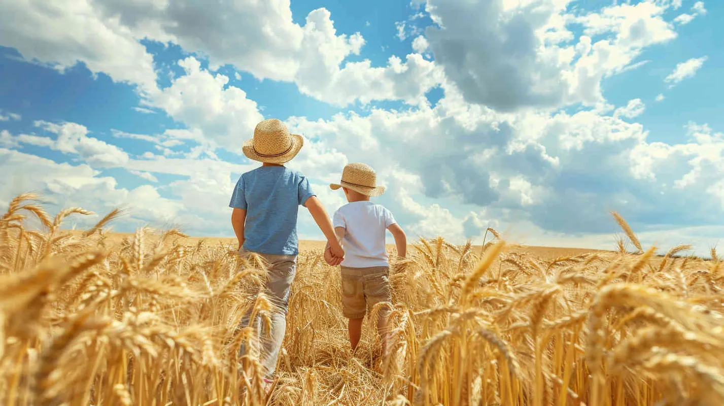 In a patch of golden wheat, two little boys walked hand in hand with smiles on their faces. - style2部分