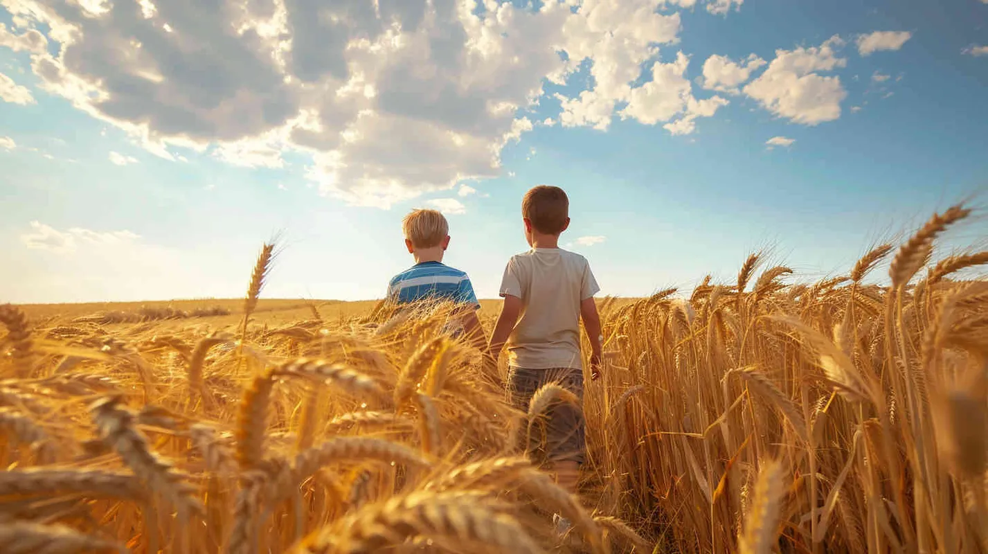 In a patch of golden wheat, two little boys walked hand in hand with smiles on their faces. - style3部分