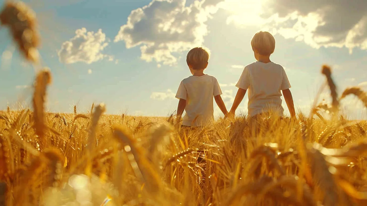 In a patch of golden wheat, two little boys walked hand in hand with smiles on their faces. - style4部分
