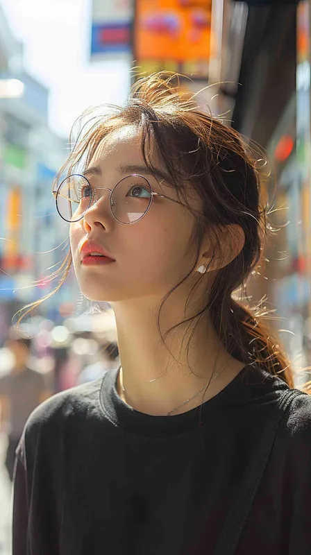 photography, side view, upper-body, portray an innocent professional korean woman model standing against a seoul big wide street, many crowd, gaze, giving off an aura of wisdom and experience, she’s clad in a monochromatic black loose-fit T-shirt, black shoulder bag, shes hair is tidy pony tail, complemented by silver frame glasses, and bold and confident pose, presenting a portrait of aged grace and urban fashion vibe, urbanism, realistic sun light and shadows, photorealism, UHD --ar 9:16 --style raw --stylize 700 - style2部分