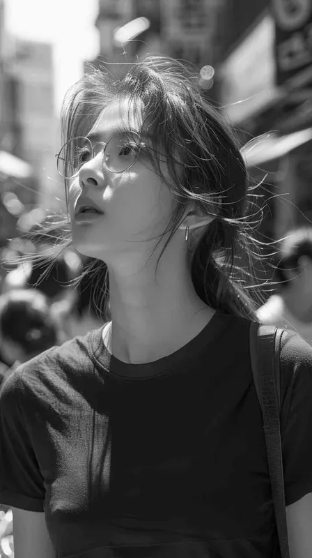photography, side view, upper-body, portray an innocent professional korean woman model standing against a seoul big wide street, many crowd, gaze, giving off an aura of wisdom and experience, she’s clad in a monochromatic black loose-fit T-shirt, black shoulder bag, shes hair is tidy pony tail, complemented by silver frame glasses, and bold and confident pose, presenting a portrait of aged grace and urban fashion vibe, urbanism, realistic sun light and shadows, photorealism, UHD --ar 9:16 --style raw --stylize 700 - style3部分