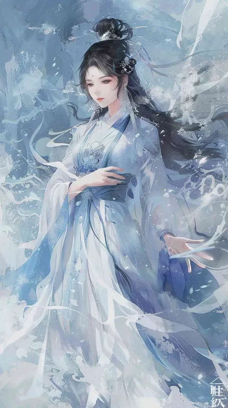 Chinese girl with long black hair, blue and purple , white dress in the style of Hanfu, crystal clear skin texture, hand gesture pose, anime illustration, Chinese painting, long flowing skirt with lotus pattern decoration on the right side of her chest, Chinese fairy tale background, fantasy art, high definition, high resolution, high detail, masterpiece, full body portrait, super details, super quality, exquisite colors, fantasy background, high dynamic range, fantasy, fantasy background. - style1部分