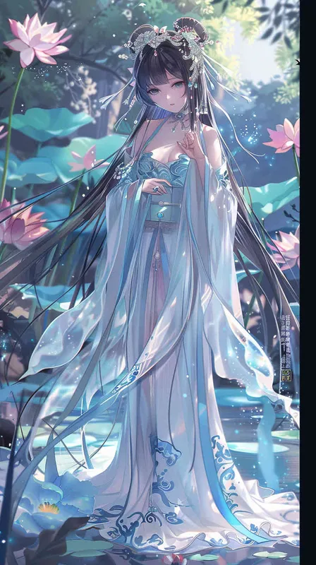 Chinese girl with long black hair, blue and purple , white dress in the style of Hanfu, crystal clear skin texture, hand gesture pose, anime illustration, Chinese painting, long flowing skirt with lotus pattern decoration on the right side of her chest, Chinese fairy tale background, fantasy art, high definition, high resolution, high detail, masterpiece, full body portrait, super details, super quality, exquisite colors, fantasy background, high dynamic range, fantasy, fantasy background. - style2部分