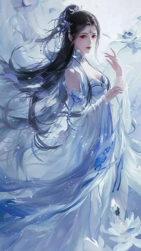 Chinese girl with long black hair, blue and purple , white dress in the style of Hanfu, crystal clear skin texture, hand gesture pose, anime illustration, Chinese painting, long flowing skirt with lotus pattern decoration on the right side of her chest, Chinese fairy tale background, fantasy art, high definition, high resolution, high detail, masterpiece, full body portrait, super details, super quality, exquisite colors, fantasy background, high dynamic range, fantasy, fantasy background. - style3部分