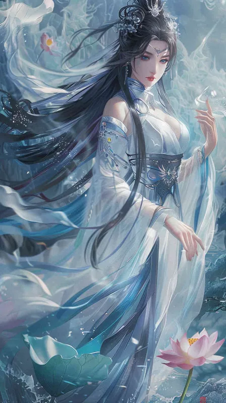 Chinese girl with long black hair, blue and purple , white dress in the style of Hanfu, crystal clear skin texture, hand gesture pose, anime illustration, Chinese painting, long flowing skirt with lotus pattern decoration on the right side of her chest, Chinese fairy tale background, fantasy art, high definition, high resolution, high detail, masterpiece, full body portrait, super details, super quality, exquisite colors, fantasy background, high dynamic range, fantasy, fantasy background. - style4部分