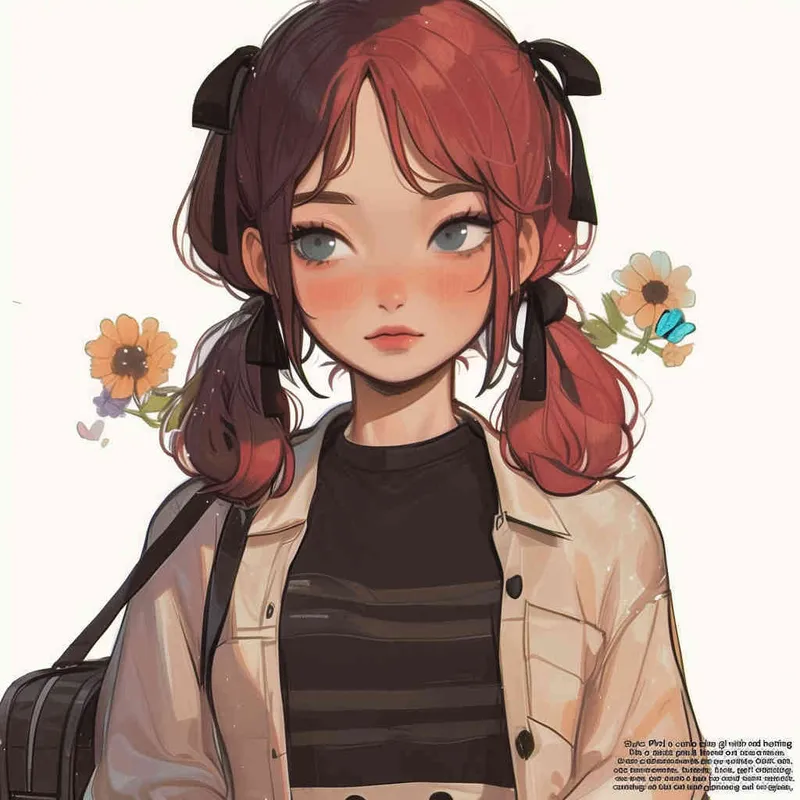 红色头发,低双马尾,黑的丝带,可爱,kawai,女孩子,蓝色眼睛 - style1部分