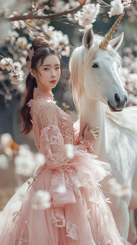 1asian girl, pink princes dress, near a white unicorn, natural light, positive perspective, raw photo, high quality, dreamy look, oil painting simple background, - style1部分