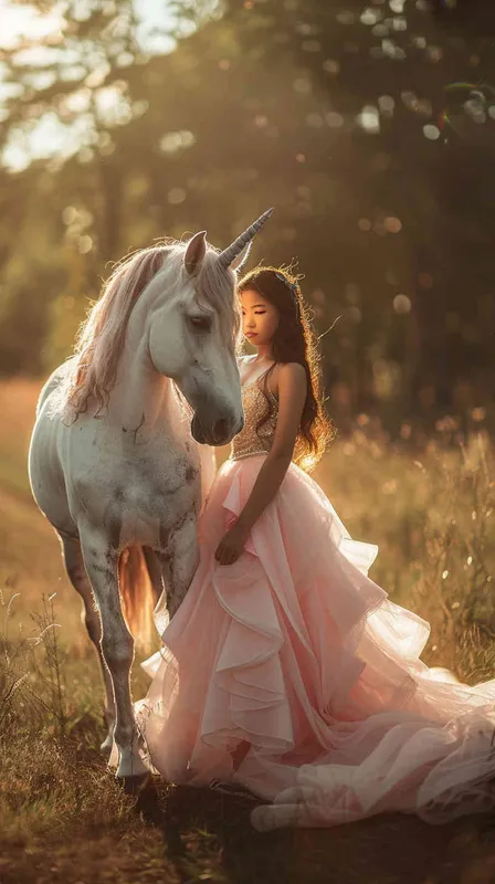 1asian girl, pink princes dress, near a white unicorn, natural light, positive perspective, raw photo, high quality, dreamy look, oil painting simple background, - style2部分