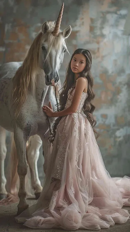 1asian girl, pink princes dress, near a white unicorn, natural light, positive perspective, raw photo, high quality, dreamy look, oil painting simple background, - style3部分