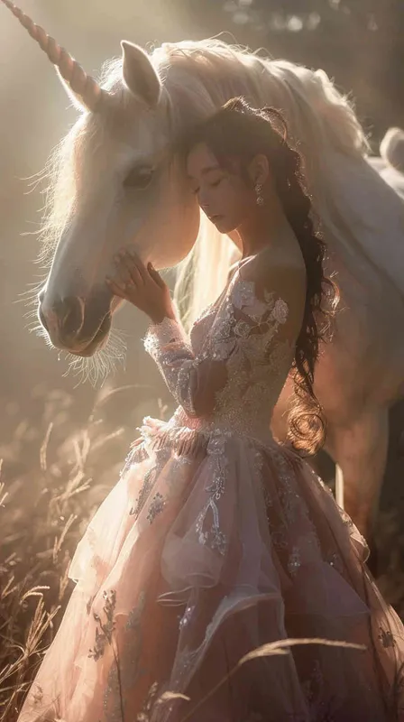 1asian girl, pink princes dress, near a white unicorn, natural light, positive perspective, raw photo, high quality, dreamy look, oil painting simple background, - style4部分
