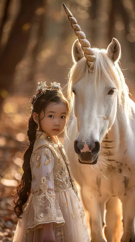 An Chinese girl, around 6 years old adorned in a rosy princess gown, stands alongside a pure white unicorn, basking in the soft glow of natural light. The perspective exudes a sense of positivity, capturing the raw essence of the moment. The photograph possesses exceptional quality, emanating a dream-like charm, with a simple and elegant oil painting backdrop. KneeShot(KS),Natural light,Front view –ar 9:16 –s 145 –v 6.0 (relax) – AI绘画作品展示 | Midjourney中文版生成