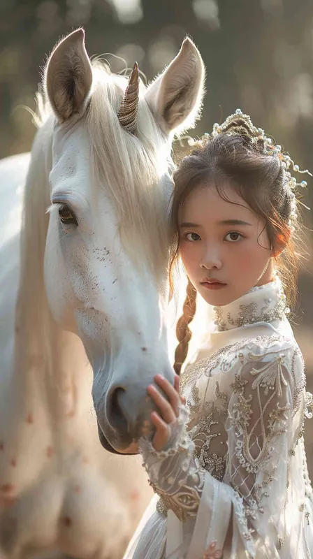 An Chinese girl, around 6 years old adorned in a rosy princess gown, stands alongside a pure white unicorn, basking in the soft glow of natural light. The perspective exudes a sense of positivity, capturing the raw essence of the moment. The photograph possesses exceptional quality, emanating a dream-like charm, with a simple and elegant oil painting backdrop. KneeShot(KS),Natural light,Front view --ar 9:16 --s 145 --v 6.0 (relax) - style2部分