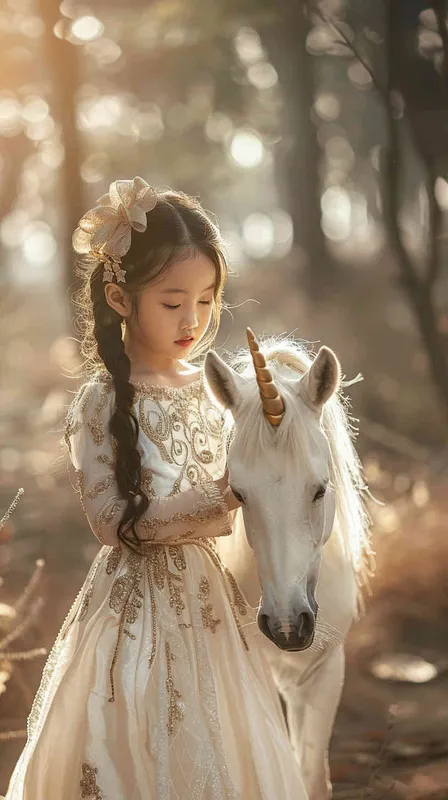 An Chinese girl, around 6 years old adorned in a rosy princess gown, stands alongside a pure white unicorn, basking in the soft glow of natural light. The perspective exudes a sense of positivity, capturing the raw essence of the moment. The photograph possesses exceptional quality, emanating a dream-like charm, with a simple and elegant oil painting backdrop. KneeShot(KS),Natural light,Front view --ar 9:16 --s 145 --v 6.0 (relax) - style3部分