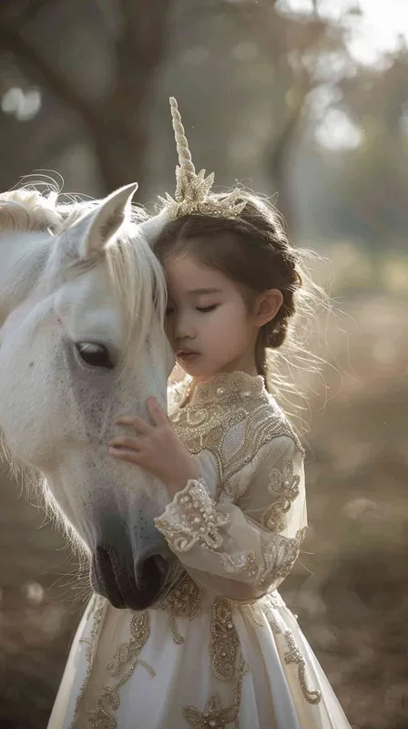 An Chinese girl, around 6 years old adorned in a rosy princess gown, stands alongside a pure white unicorn, basking in the soft glow of natural light. The perspective exudes a sense of positivity, capturing the raw essence of the moment. The photograph possesses exceptional quality, emanating a dream-like charm, with a simple and elegant oil painting backdrop. KneeShot(KS),Natural light,Front view --ar 9:16 --s 145 --v 6.0 (relax) - style4部分