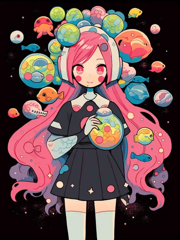 只能是蓝色眼睛,红色长发,黑色丝带,可爱女孩,kawai,背景太空,插画漫画,日本插画,模仿画风 - style2部分