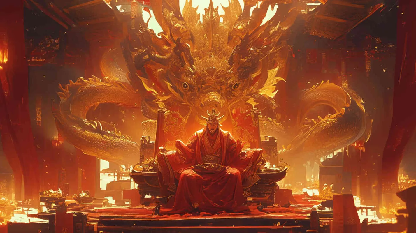 A handsome young man, tall and burly, with thick eyebrows and eyes, hair tied up, broad shoulders and thick back, dressed in a red robe. His face was resolute and majestic, and his eyes were bright and lively. He is the ancestor of Chinese people. - style1部分