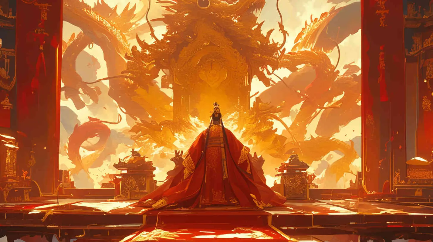 A handsome young man, tall and burly, with thick eyebrows and eyes, hair tied up, broad shoulders and thick back, dressed in a red robe. His face was resolute and majestic, and his eyes were bright and lively. He is the ancestor of Chinese people. - style3部分