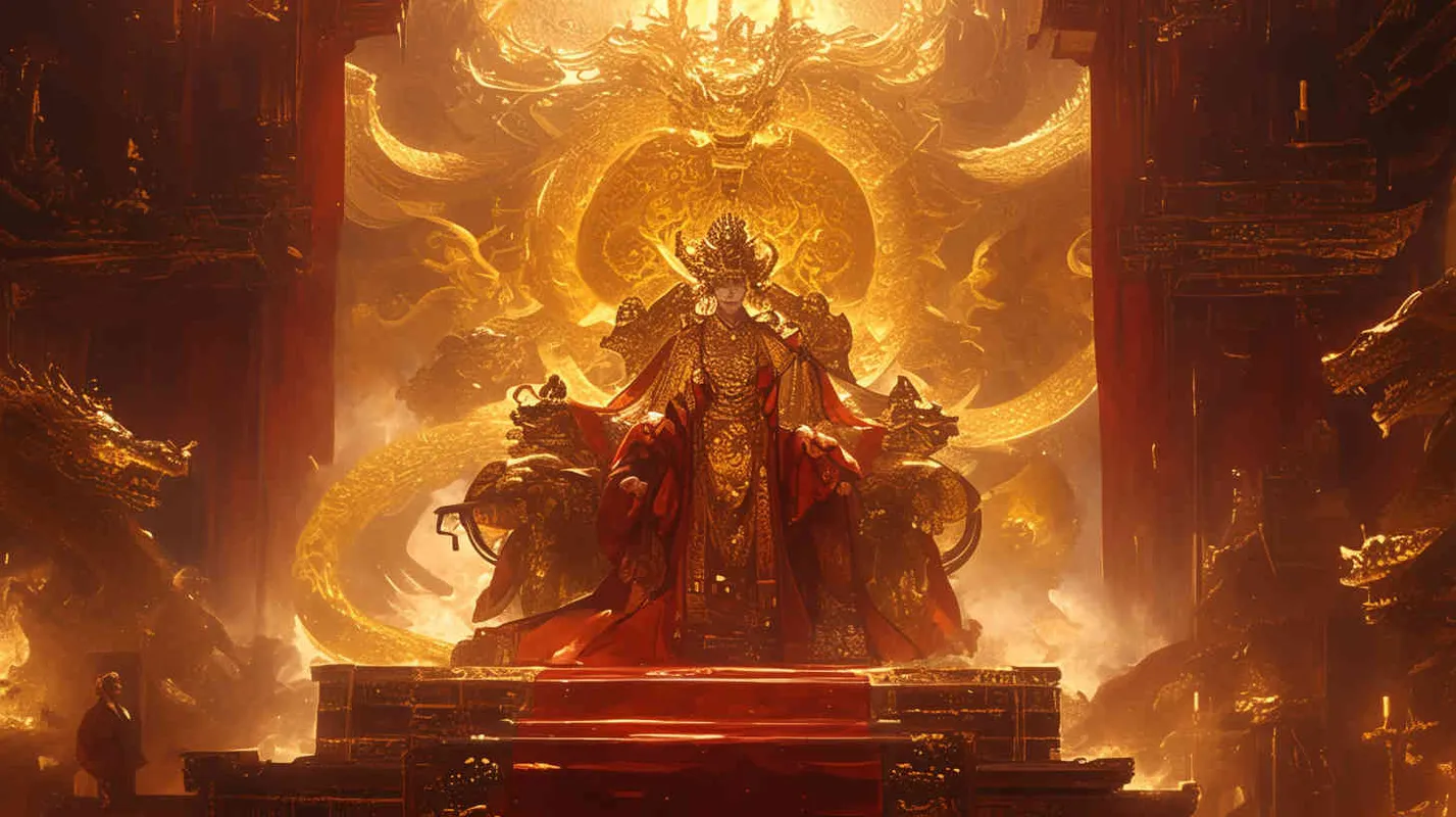 A handsome young man, tall and burly, with thick eyebrows and eyes, hair tied up, broad shoulders and thick back, dressed in a red robe. His face was resolute and majestic, and his eyes were bright and lively. He is the ancestor of Chinese people. - style4部分