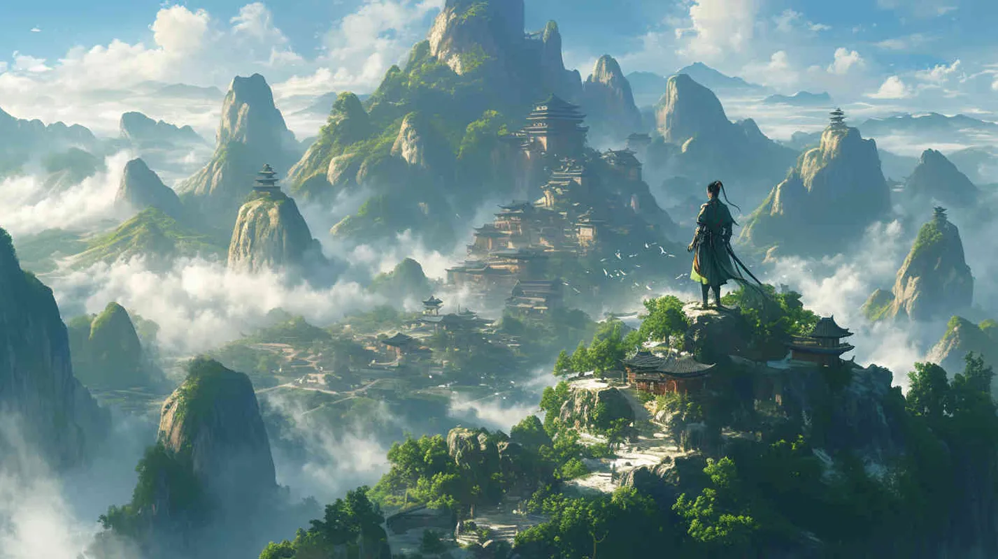 A handsome young man, tall and burly, with thick eyebrows and eyes, hair tied up, broad shoulders and thick back, dressed in a red robe. His face was resolute and majestic, and his eyes were bright and lively. He is the ancestor of Chinese people. Standing on the mountaintop, overlooking sentient beings – AI绘画作品展示 | Midjourney中文版生成