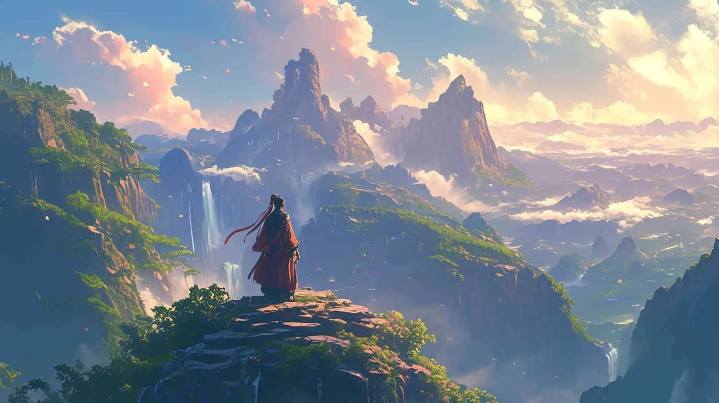 A handsome young man, tall and burly, with thick eyebrows and eyes, hair tied up, broad shoulders and thick back, dressed in a red robe. His face was resolute and majestic, and his eyes were bright and lively. He is the ancestor of Chinese people. Standing on the mountaintop, overlooking sentient beings - style3部分