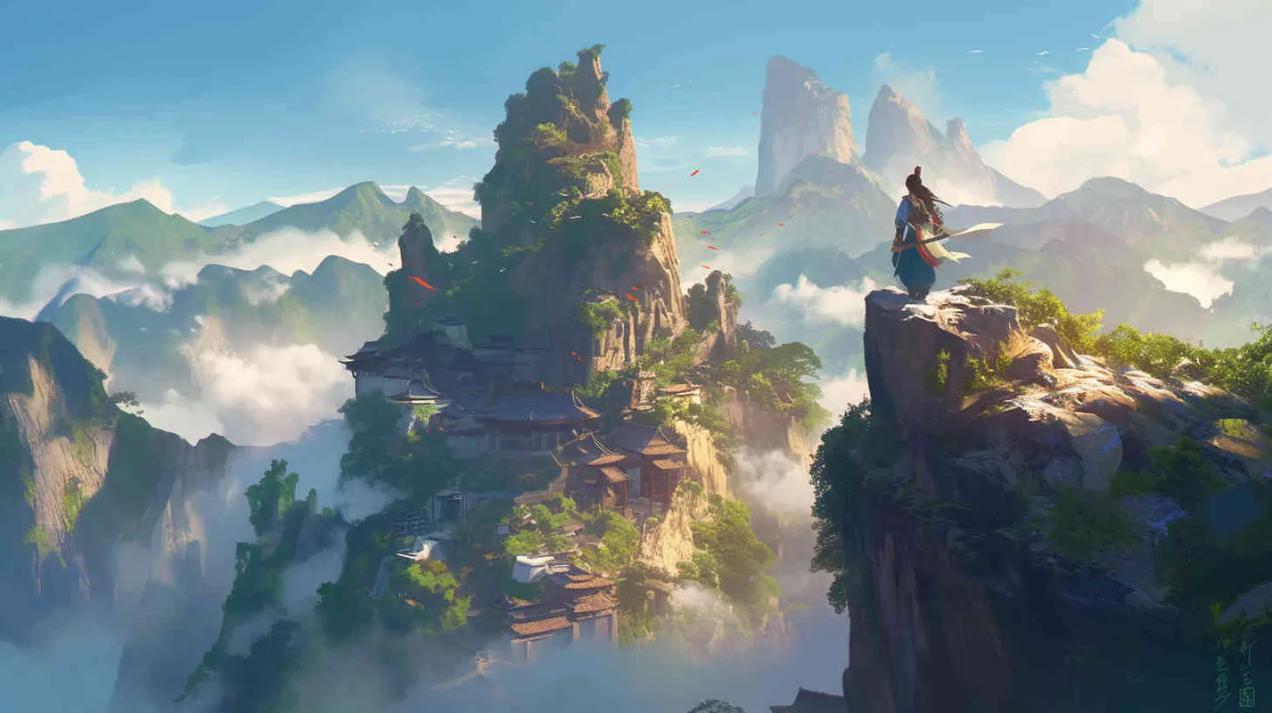 A handsome young man, tall and burly, with thick eyebrows and eyes, hair tied up, broad shoulders and thick back, dressed in a red robe. His face was resolute and majestic, and his eyes were bright and lively. He is the ancestor of Chinese people. Standing on the mountaintop, overlooking sentient beings - style4部分